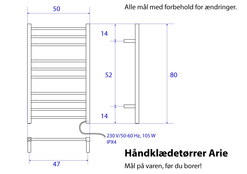 Måltegning for 7009 Arie håndklædetørrer. Fra SPA Kompaniet.