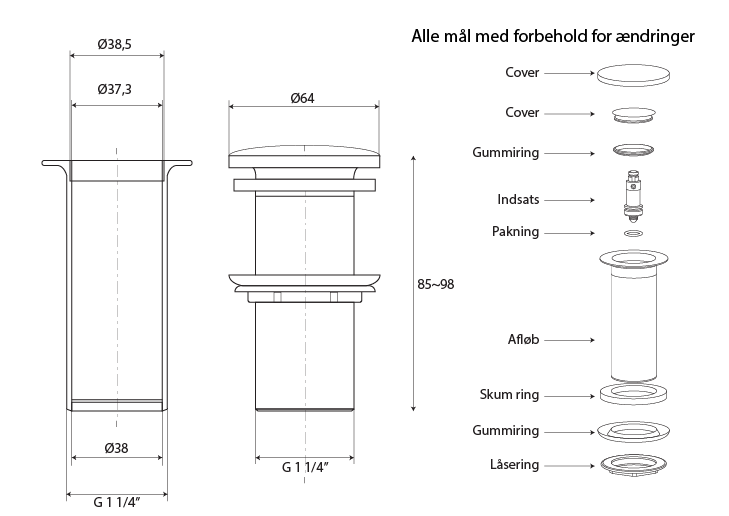 Bundventil pop-up u. overløb, 11 cm, 1/1/4'', krom - Billede 2
