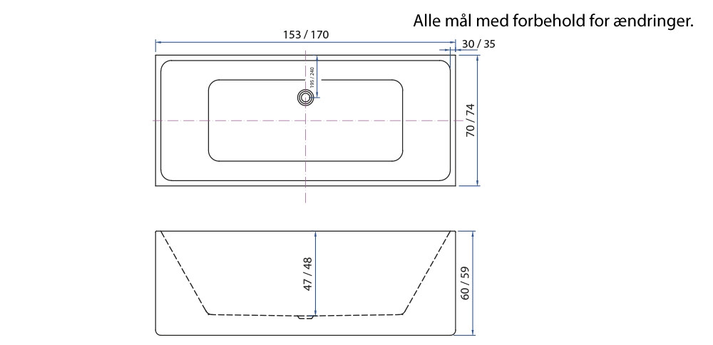 Måltegning for Ydernæs fritstående badekar fra SPA Kompaniet.