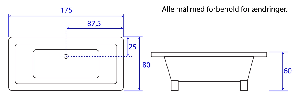 Måltegning for Helgenæs akrylbadekar fra SPA Kompaniet.