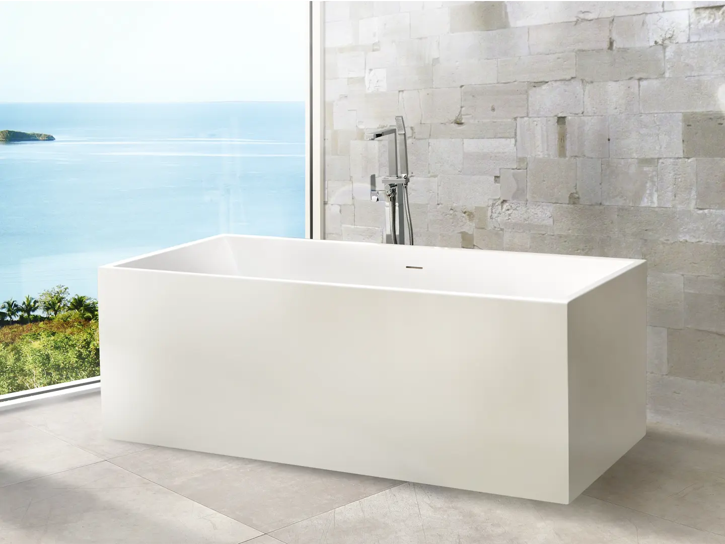 Badia hvidt RockSolid stenbadekar, 150 cm. i et badeværelsesmiljø. Fra SPA Kompaniet.