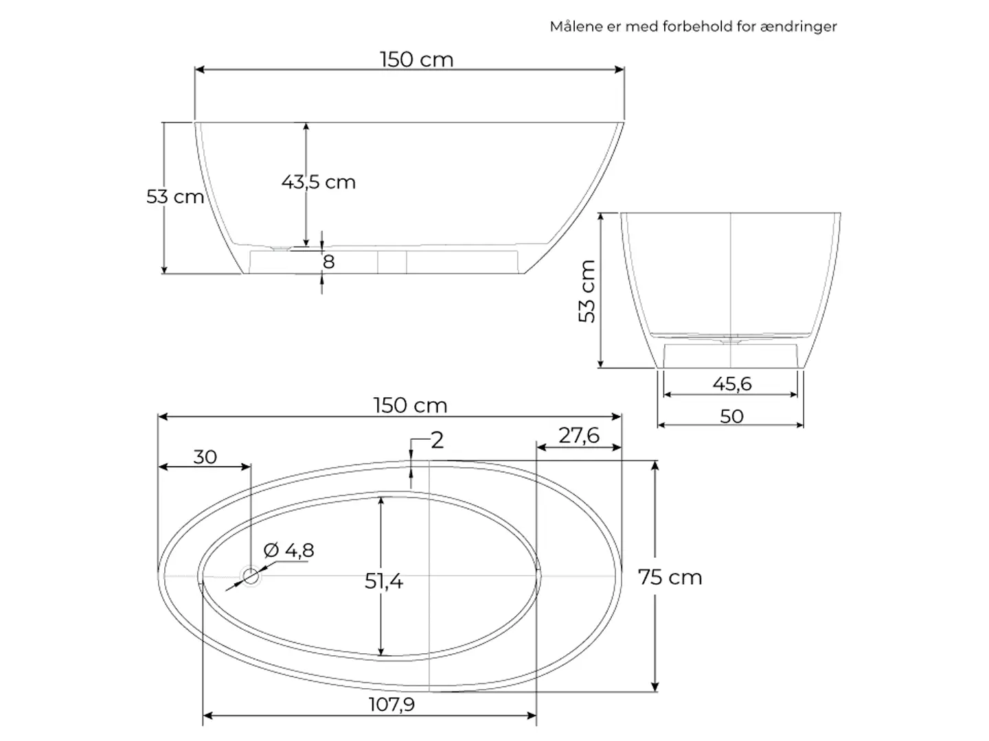 Måltegning for Rimini Uno RockSolid stenbadekar 150 cm fra SPA Kompaniet.